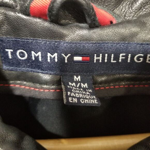 Vintage Tommy Hilfiger Leather Jacket Mens Medium Black Mid Pea Coat Dress - Picture 4 of 12